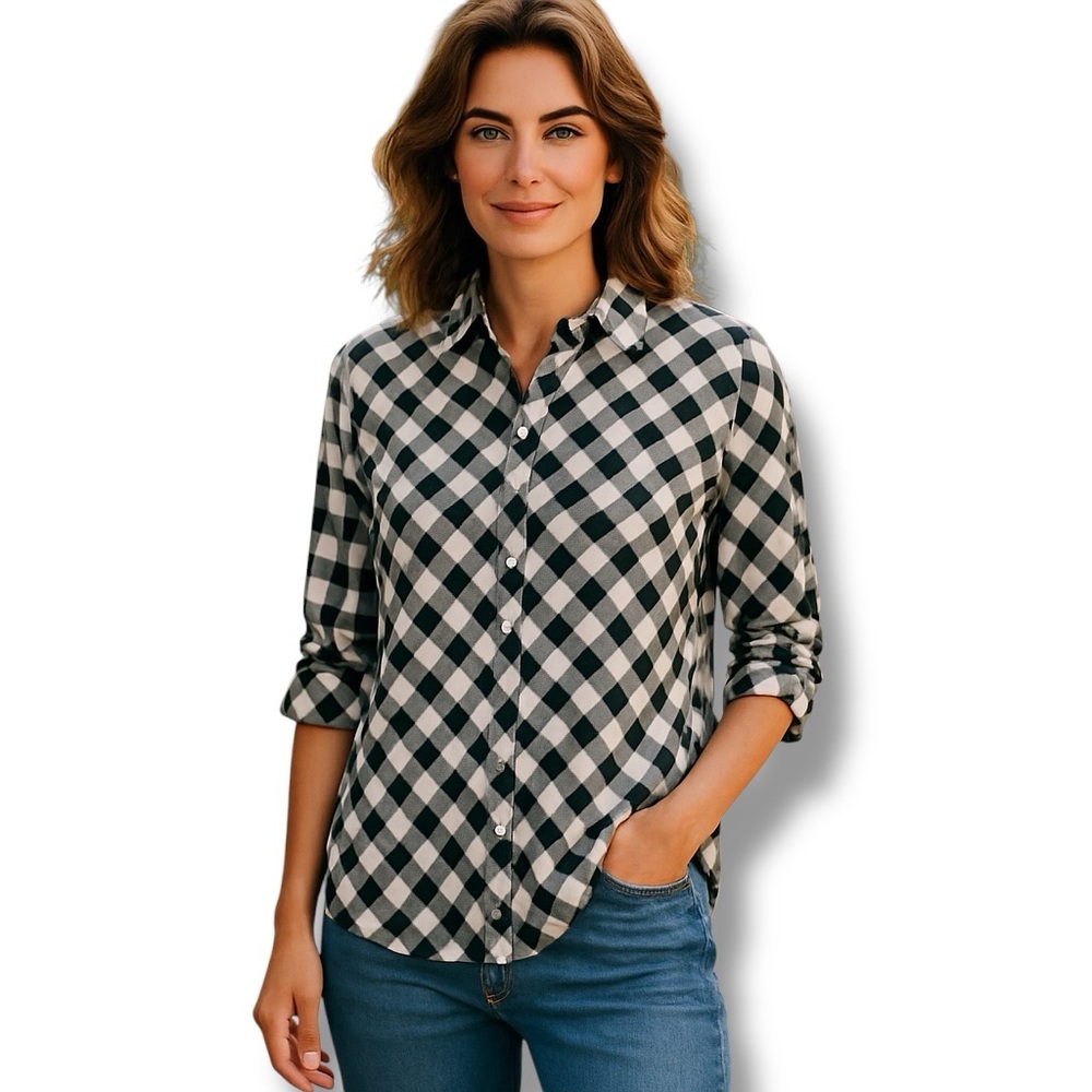 Alia Women’s Roll-Cuff Plaid Button-Up Shirt Lightweight Black/White 20W